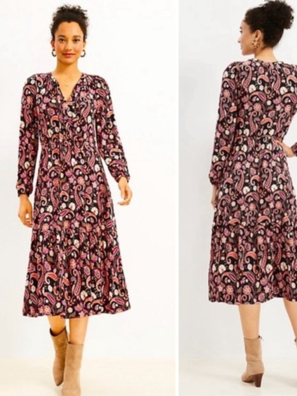 Loft Black Pink Floral Paisley Tiered Tie Neck Keyhole Long Sleeve Midi Dress